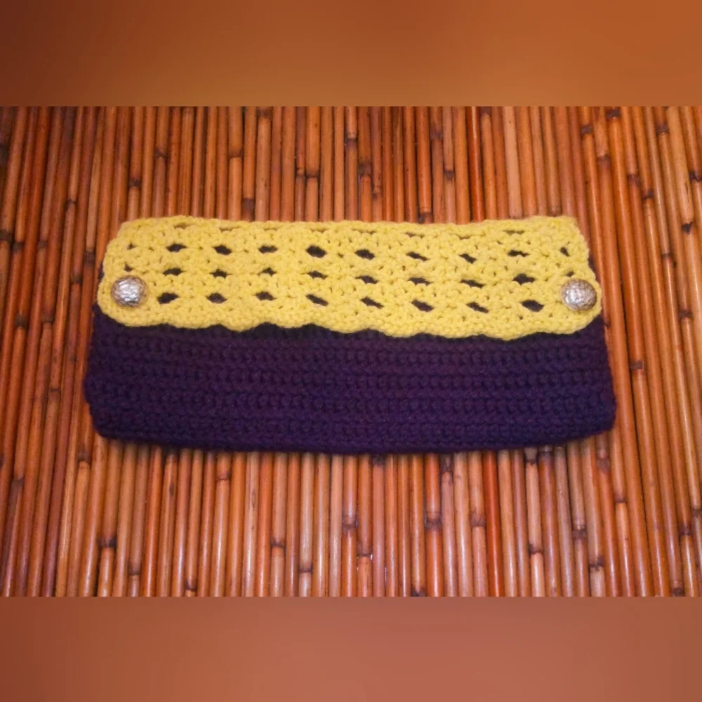 Handcrafted Crochet Clutch in Purple & Yellow with Pearlized Bead Buttons
